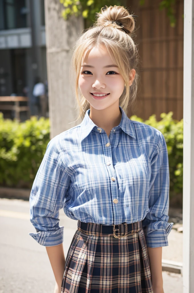 Top quality, 1 beautiful young woman, Bun Hair, blonde hair, wearing Checked Shirt & skirt, shy-smile, Sunlight, at street,Cowboy Shot