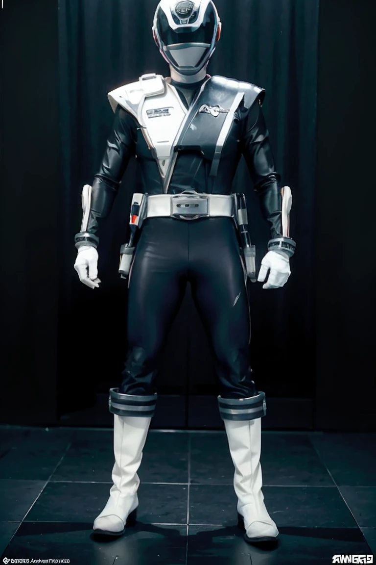 1boy, white, full body, Illustration, cinematic light, high resolution, best quality, ultra detailed, masterpiece, power suit, powerranger, suit, spd, (white ranger suit))