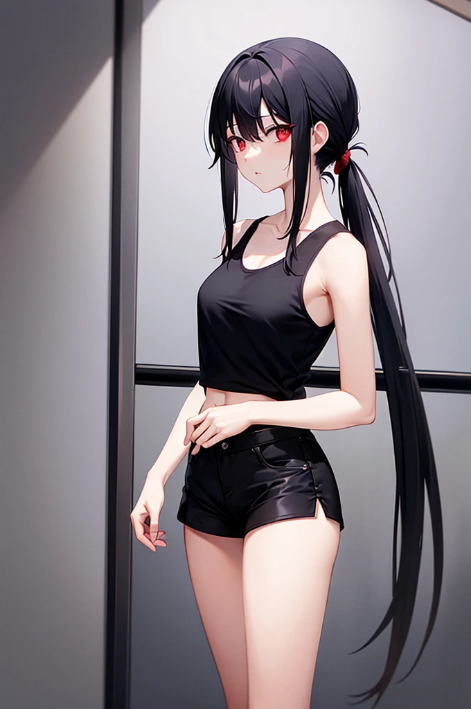 Black Hair、Red Eye、ponytail、One Woman、solo、Tank top、skinny pants、Short girl、、Thin limbs and hips、Cool look