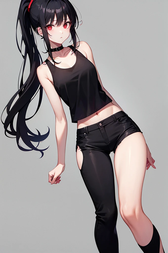 Black Hair、Red Eye、ponytail、One Woman、solo、Tank top、skinny pants、Short girl、、Thin limbs and hips、Cool look