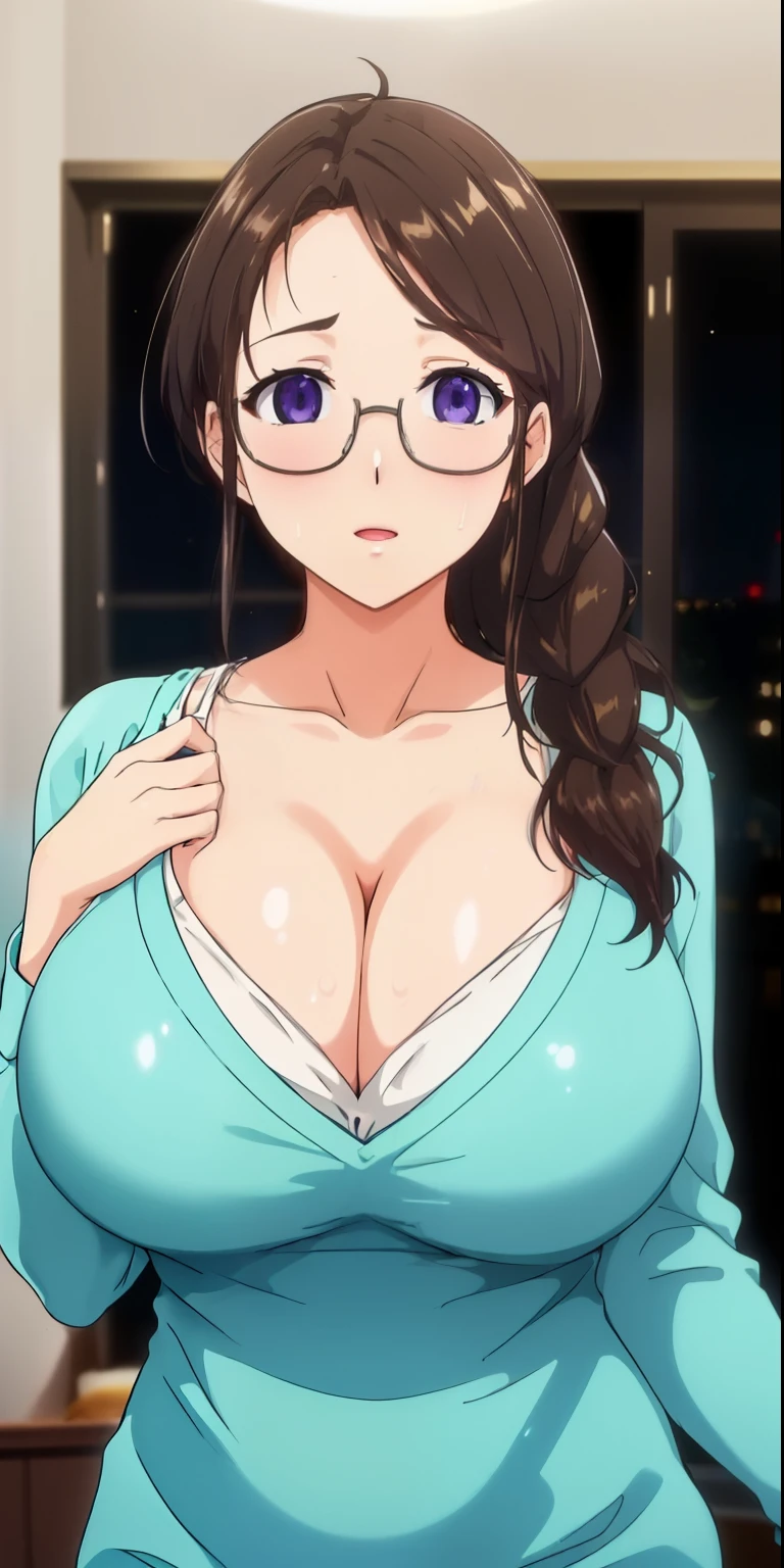 (Night:1.7), Modern apartment, high rise, CityView, Before Window,
Standing at attention,Hands Down,
Green shirt,long sleeves, cleavage, collarbone,
Glasses,brown hair,purple eyes,braid,single braid,yellow hair ornament,
1 girl, 20yo,Young female,Beautiful Finger,Beautiful long legs,Beautiful body,
Beautiful Nose,Beautiful character design, perfect eyes, perfect face,expressive eyes,
looking at viewer, in the center of the image,(Upper_body),(Focus on her face),
official art,extremely detailed CG unity 8k wallpaper, perfect lighting,Colorful, Bright_Front_face_Lighting,shiny skin,
(masterpiece:1.0),(best_quality:1.0), ultra high res,4K,ultra-detailed,
photography, 8K, HDR, highres, absurdres:1.2, Kodak portra 400, film grain, blurry background, bokeh:1.2, lens flare, (vibrant_color:1.2)
(Beautiful,large_Breasts:1.4), (beautiful_face:1.5),(narrow_waist),nipples