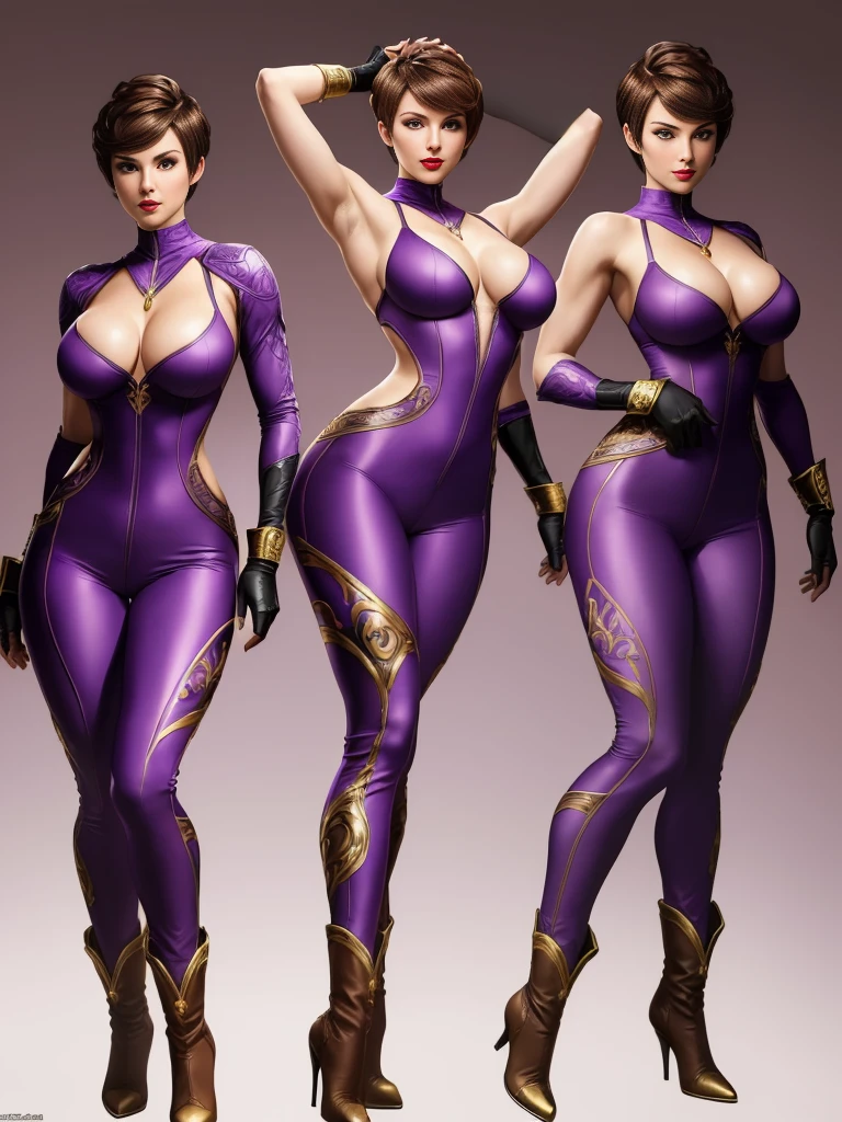 ((best quality)), ((4k)), ((highres)), ((masterpiece:1.2)). ((detailed)), ((ultra realistic)), ((intricate details)), ((full body picture)), ((character design sheet)), ((blank background)), ((standing in a blank background)), a full body shot of a beautiful european female, polish woman, polish beauty, ((emphasis on her fair skin complexion)), ((brown hair)), pixie haircut, ((PIXIE HAIRCUT)), ((VERY SHORT HAIR)), perfect face, gorgeous face, ((vivid hazel eyes)) detailed eyes, detailed lips, ((red lips)), about 6'3 tall, ((TALL WOMAN)), about 18 years old, medium-sized breasts, c cup breasts, athletic body, ROBUST FRAME, muscular arms, she's dressed in a sleeveless purple jumpsuit with high neck, ((PURPLE JUMPSUIT)), ((high neck)), no cleavage, ((no cleavage)), BLACK boots and white gloves, ((BLACK boots)), ((white gloves)), WHITE SCARF AROUND HER HIPS WITH GOLD ADORNMENTS, posing with her arms above her head, ((arms above head)), fighting game character concept art, tekken character design, the king of fighters character concept, full bofy, full body concept art, full body art