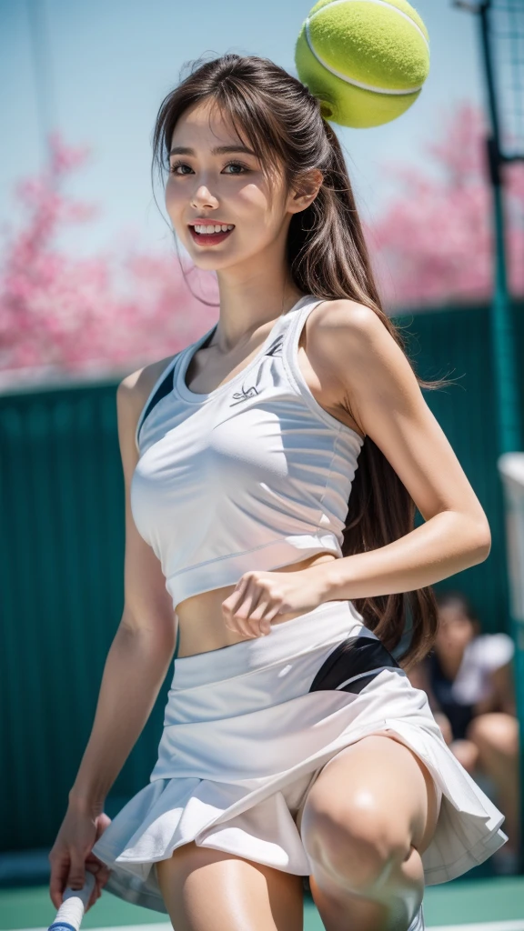 (8K, Highest quality, masterpiece: 1.2), (Realistic, Realistic: 1.37), Very detailed, 1 Girl, 18-year-old, White base、、White panties、Beautiful panties、big, beauty, cute, smile, alone, Tennis Wear, mini skirt, White base、Beautiful thighs、beautiful cameltoe、Tennis court, racket, Tennis ball, (Nose redness), (smile: 1.15), (Mouth open), Beautiful Eyes, (Long Hair: 1.2), Floating Hair Nova Frog Style, Upper Body