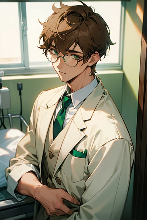 handsome man,Age 25,short hair,side parted hair,light brown hair,
,glasses,White shirt,Green vest,
,White outerwear,hospital room,