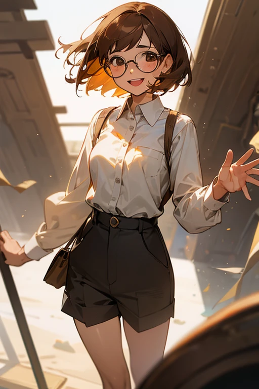 A girl, brown short hair, brown eyes, she is wearing glasses say farewell to a man, while laughing mocking , he is far away