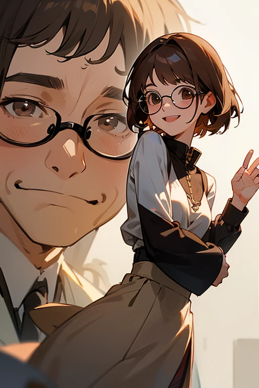 A girl, brown short hair, brown eyes, she is wearing glasses say farewell to a man, while laughing mocking , he is far away
