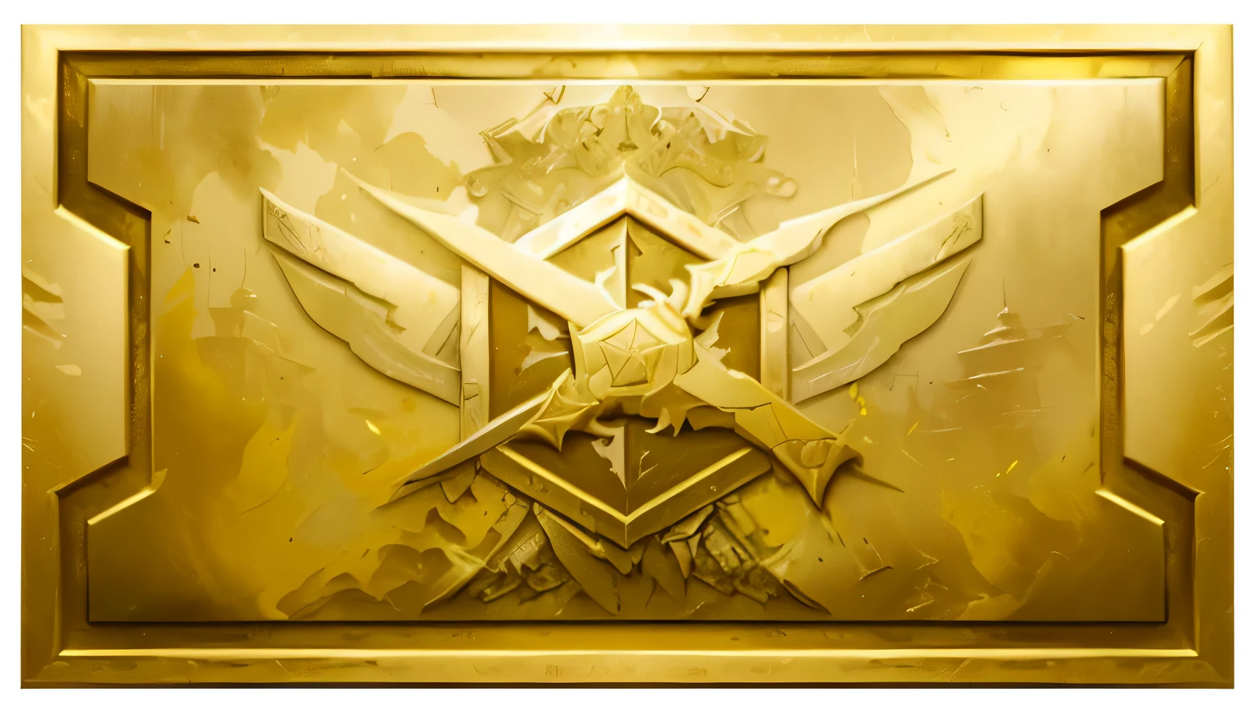 a detailed gold plaque, two crossed swords, silver-toned, official artwork, insane quality, first-person shooter game, golden frame, assault rifle, war zone background, official ink wash painting, masterpiece, divine, no medals, elite, advanced warfare, sharp metal crown, first-person shooter game, golden skin, legendary epic, badge, official art, outstanding epic