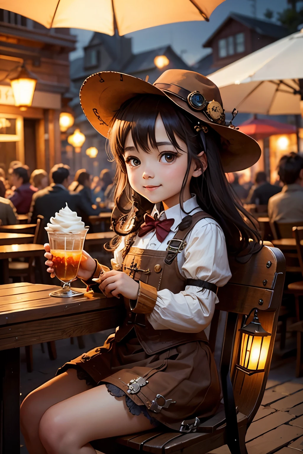 (Highest quality:1.2)。steampunkai。One Girl。Little cute girl。Cute Steampunk Witch。Eating a beautiful shortcake with relish。Happy smile。In the background is a bright city cafe terrace。