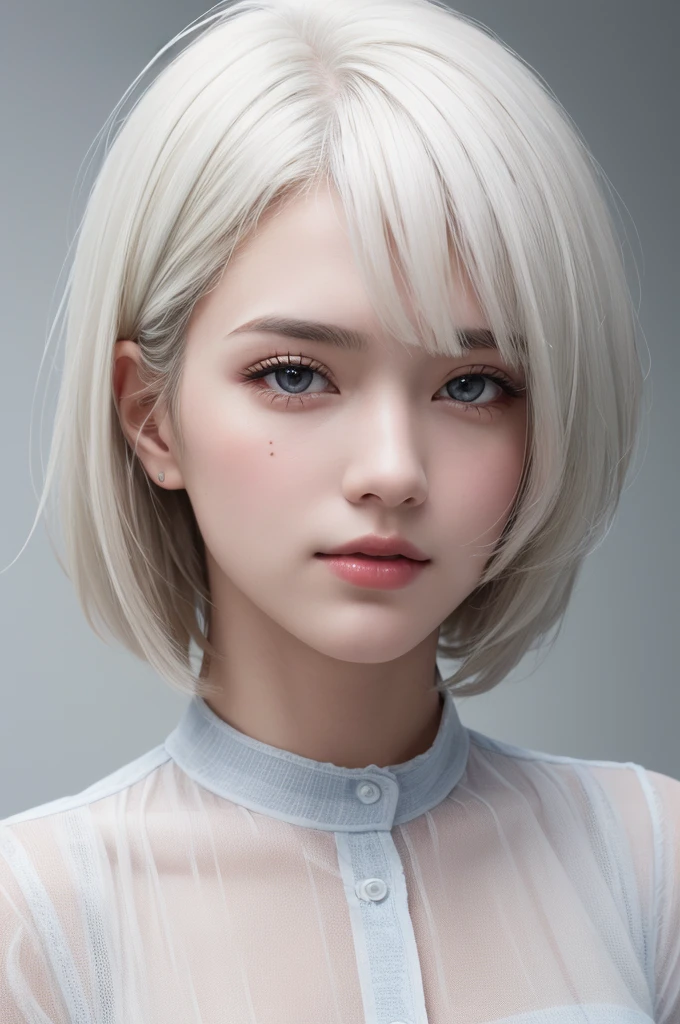 Highest quality、masterpiece、超High resolution、(Realistic:1.3)、RAW Photos、(One girl), Beautiful Face, (Realistic Face), (White Hair、short hair:1.3), Beautiful Hairstyles, Realistic eyes, Beautiful fine details, (Realistic Skin), Beautiful Skin, (shirt), Confused, charm, 超High resolution, Ultra-realistic, High resolution, Golden Ratio、Mr.々Background