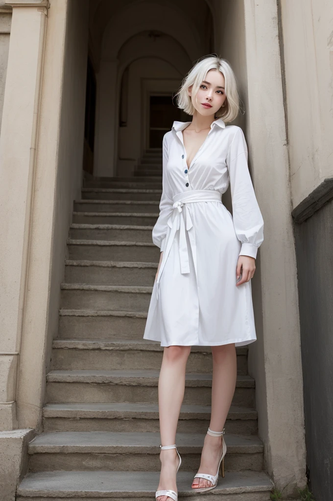 Highest quality、masterpiece、超High resolution、(whole body,Realistic:1.3)、RAW Photos、(One girl,Small breasts), Beautiful Face, (Realistic Face,Detailed facial expressions,smile), (White Hair、short hair:1.3), Beautiful Hairstyles, Realistic eyes, Beautiful fine details, (Realistic Skin), Beautiful Skin, (Long dress with long sleeves,Stylish trendy fashion), Confused, charm, 超High resolution, Ultra-realistic, High resolution, Golden Ratio、Standing on the stairs,European cityscape,Mr.々Posing,Shooting from below,