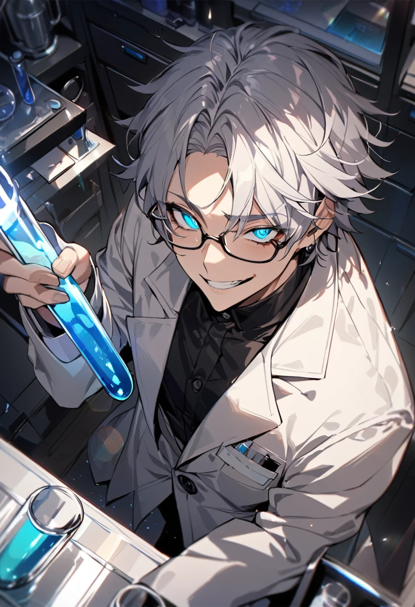 (masterpiece, best quality), detailed face, solo, 1man, messy short hair, bishounen, mad scientist, scientist coat, glasses, lens flare, maniacal smile, sharp eyes, glowing eyes, holding science test tube, in laboratory, dark shadows, contrast, science, sinister, portrait, handsome
