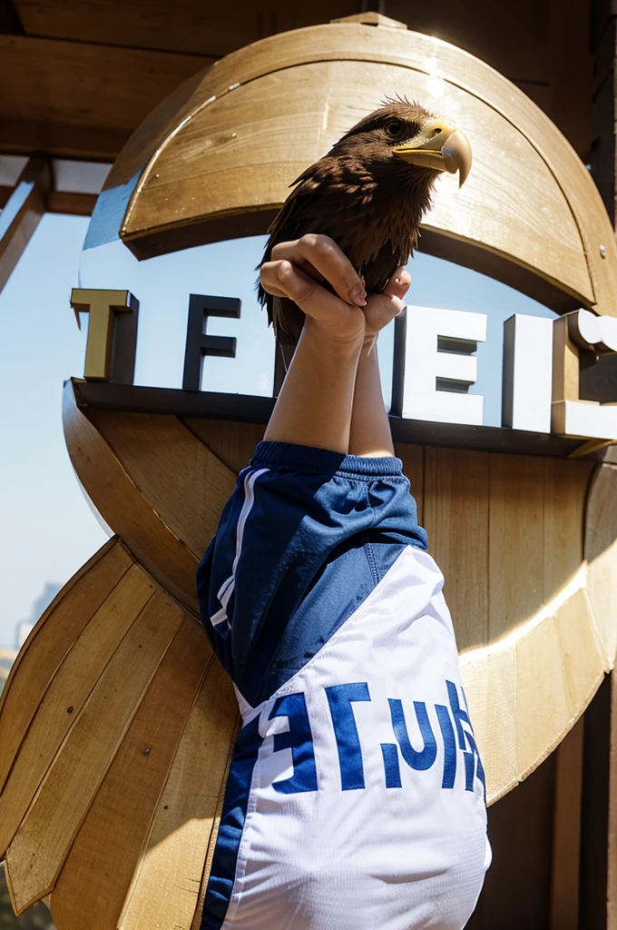 The 3D text TikTok logo with the words &quot;PUPUT&quot; uses an eagle mascot inside a shield