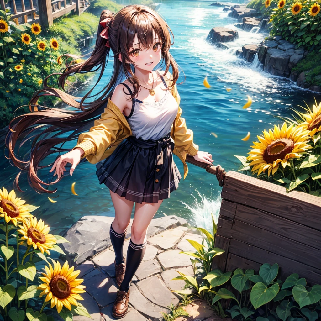 Red, brown, gold, gold hair、Golden Eyes、Hair tied up、One good looking girl、solo、anime、Checkered mini skirt、Ruffles on the skirt、camisole、Lightweight cardigan、Black knee-high socks、Wearing a baseball cap、Ribbon、Ribbon on waist、Teeth are visible、Silver coin necklace、From above、Sunflower Tunnel、Cobblestones、waterfall、Have sunflowers、Starry Sky、Midnight Moon、Winding Road、Unlocking、suspension bridge、Soap bubbles are flying