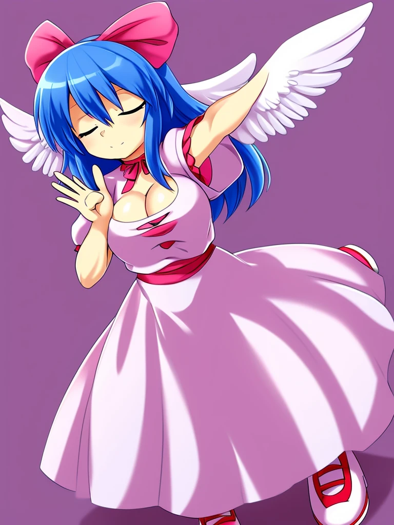 masterpiece, best quality, 1girl, , , , medium blue hair, hair flaps, pink ribbon on head, well-formed face, blue eyes, angel girl, white blouse, puffy short sleeves, red ribbon, angel wings, long white skirt, red shoes, frills, ribbon head, from behind, to lift up one’s skirt, cowboy shot, from front, standing , raise one leg, crossed arms, arms up behind, arms behind back, hand between legs, put hands hip, one hand on hip, forward hands, arms raised in the air, punch hands, peace sign, waving, put up index finger, sit, lie down, closed eyes, lie face down, looking back, put one hand chest, leaning forward, cleavage, close up, horizontally outstretched arms, horizontally outstretched legs, front view, front face