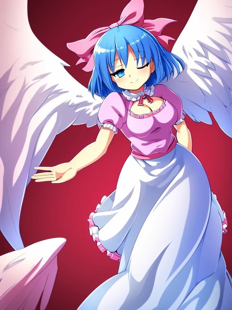 masterpiece, best quality, 1girl, , , 10 years old, medium blue hair, hair flaps, pink ribbon on head, well-formed face, blue eyes, angel girl, white blouse, puffy short sleeves, red ribbon, angel wings, long white skirt, red shoes, frills, ribbon head, from behind, to lift up one’s skirt, cowboy shot, from front, standing , raise one leg, crossed arms, arms up behind, arms behind back, hand between legs, put hands hip, one hand on hip, forward hands, arms raised in the air, punch hands, peace sign, waving, put up index finger, sit, lie down, closed eyes, lie face down, looking back, put one hand chest, leaning forward, cleavage, close up, horizontally outstretched arms, horizontally outstretched legs, front view, front face