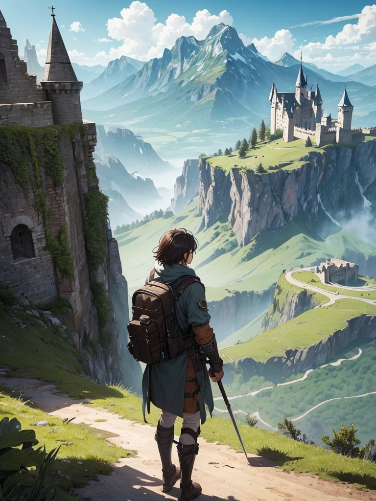 (​masterpiece、top-quality、hight resolution), An adventurer standing in the wilderness outside the castle walls, looking up at the castle. The adventurer's back is facing the viewer, showcasing their rugged gear and weaponry. The castle walls and the majestic castle itself loom in the distance, with towers and battlements visible. The surrounding landscape is barren and harsh, emphasizing the journey the adventurer has undertaken to reach this point. The sky is vast, with perhaps a hint of dramatic clouds, adding to the sense of adventure and anticipation.