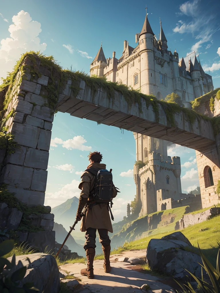 (masterpiece、top-quality、hight resolution), An adventurer standing in the wilderness outside the castle walls, looking up at the castle. The adventurer's back is facing the viewer, showcasing their rugged gear and weaponry. The castle walls and the majestic castle itself loom in the distance, with towers and battlements visible. The surrounding landscape is barren and harsh, emphasizing the journey the adventurer has undertaken to reach this point. The sky is vast, with perhaps a hint of dramatic clouds, adding to the sense of adventure and anticipation.