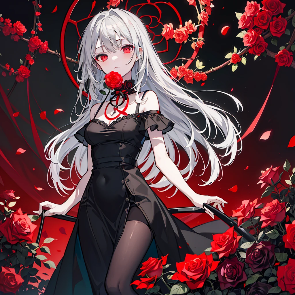 (Highest quality, masterpiece), (One girl, alone, Black Dress, Are standing , View your viewers, Gray Hair, Red eyes, Holding roses, Mouth closed, Upper Body), (Red dream catcher behind, Red flower, )