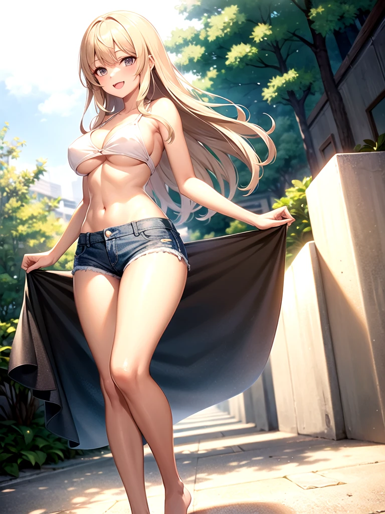 girl，（masterpiece，Highest quality），Afro-American，(Brown Skin)，(Completely naked)，Bare shoulders、Gal、Blonde、smile、passionate、Swimwear，long hair、(Underboob)，Big Breasts，Cleavage，Mini Camisole、looking at the camera、shoeicro Mini Denim Shorts(Open button)，solo、Are standing、barefoot