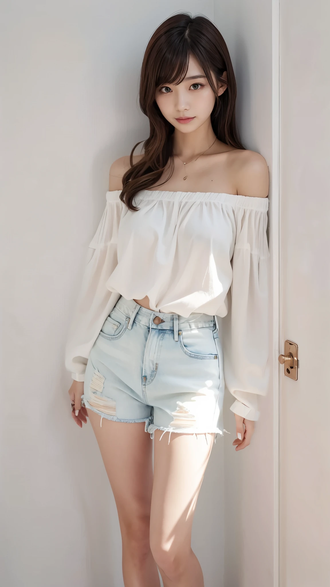 Denim shorts、White off-shoulder blouse