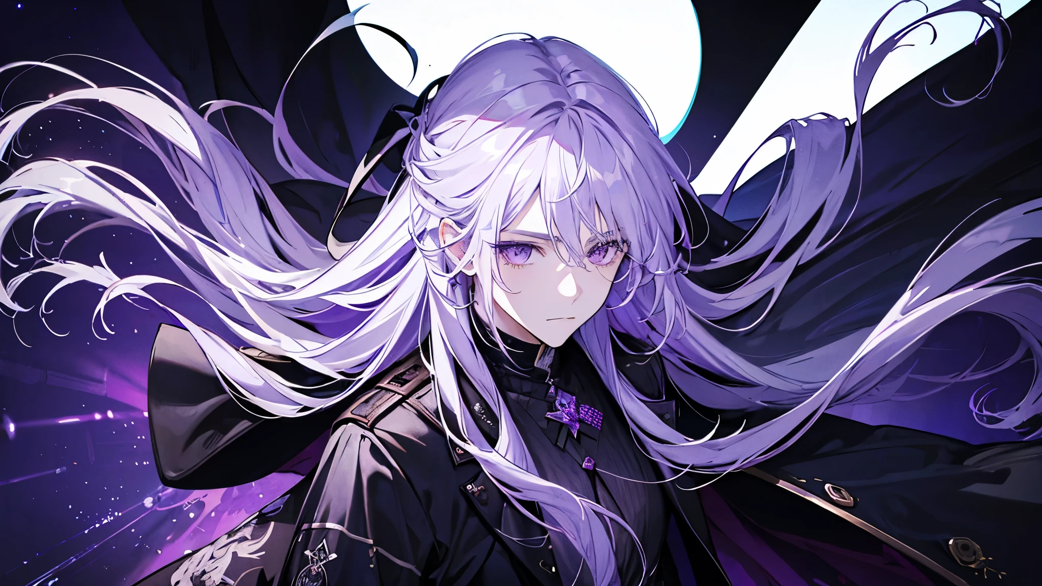 A man with long white hair tied behind his head, and purple eyes. Wearing a black trench coat、He's wearing a white button-up shirt underneath..