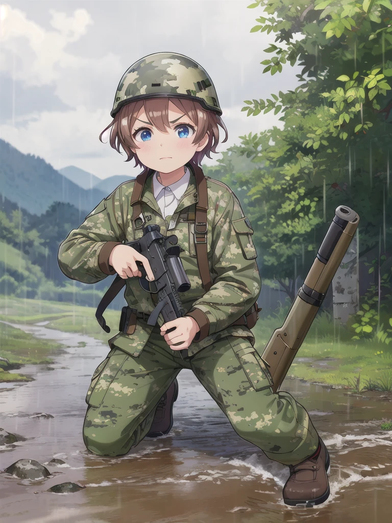 high quality,masterpiece,12 years old,blue eyes,Outdoor,顔 focus,Brown Hair, short hair, Military camouflage uniform,Green helmet,heavy rain,In the mountains,cloudy,Muddy clothes,He has a gun,Crawling on the ground,Point the gun this way,serious,Ruthless eyes