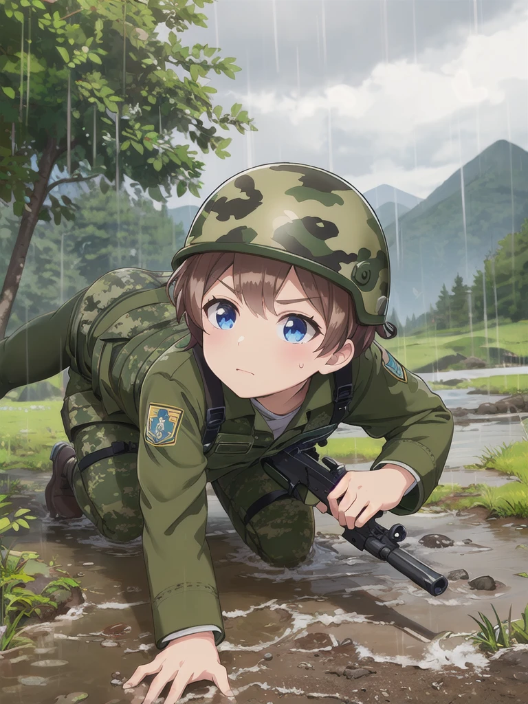 high quality,masterpiece,,blue eyes,Outdoor,顔 focus,Brown Hair, short hair, Military camouflage uniform,Green helmet,heavy rain,In the mountains,cloudy,Muddy clothes,He has a gun,Crawling on the ground,Point the gun this way,serious,Ruthless eyes