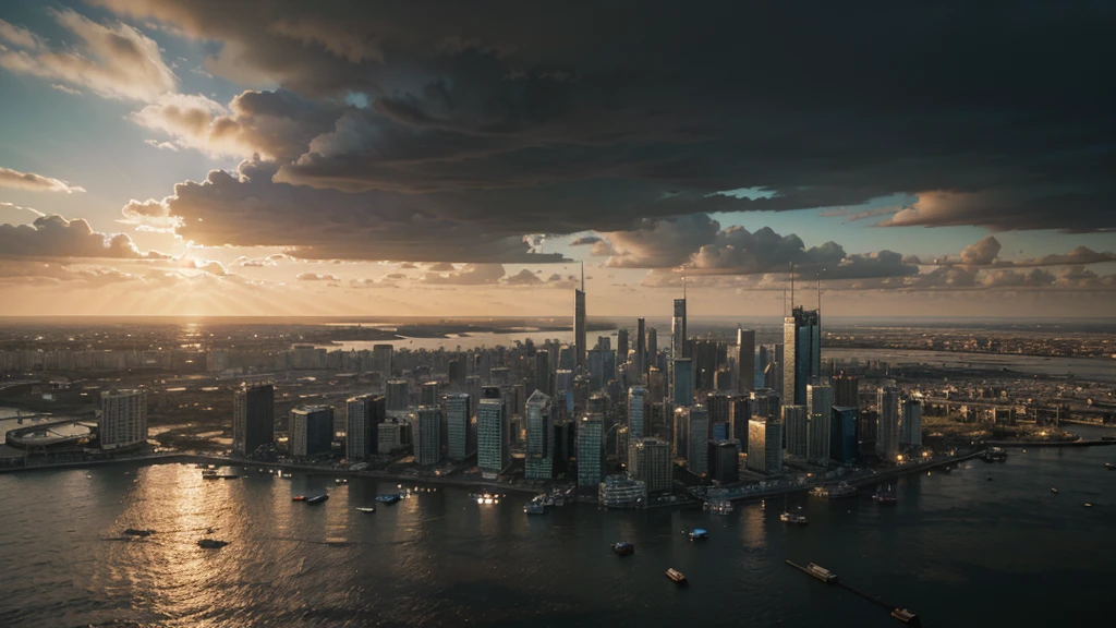 Opening Scene: Ruined Cityscape at Dawn (Realistic Image)
Aerial drone shot of a vast, desolate city, partially submerged in water, with the remnants of skyscrapers jutting out. The sky is a mix of dark clouds and the faint glow of the rising sun. Realistic, high-quality, and detailed.