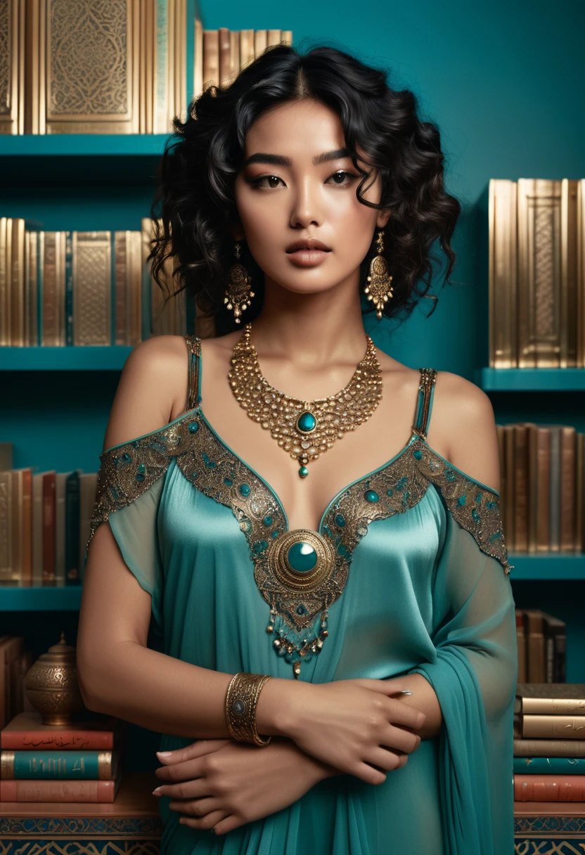 (A half-asian, asian-european, woman with black wavy hair in the style of a greek goddess. bronze skin. Aphrodite, goddess, divine aura) (teal and bronze colours) (high contrast background) (wearing ancient jewellery on upper arms, neck, wrists, fingers) (polaroid camera) (RAW photo, nikon, 8k, Super detailed, advanced details, intricate details, Super detailed) (award-winning photo, masterpiece) (in a islamic art inspired library)