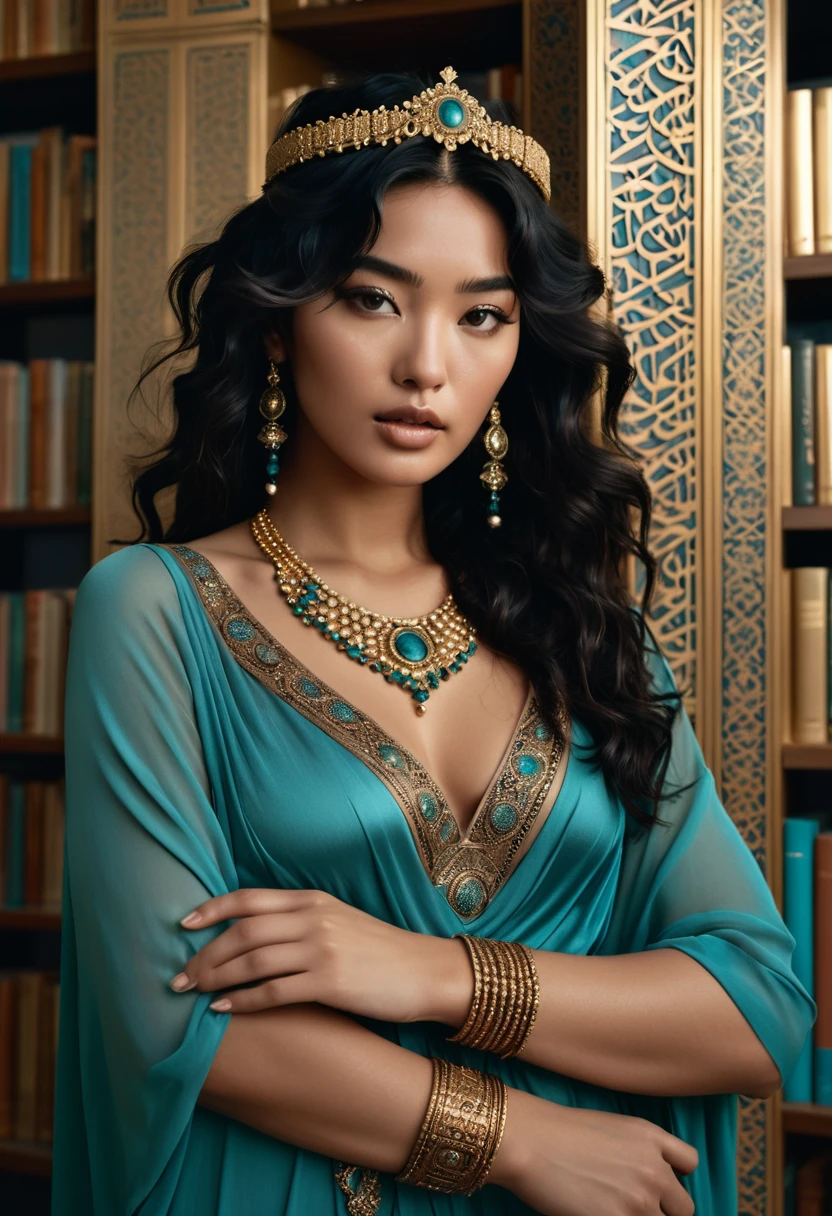 (A half-asian, asian-european, woman with black wavy hair in the style of a greek goddess. bronze skin. Aphrodite, goddess, divine aura) (teal and bronze colours) (high contrast background) (wearing ancient jewellery on upper arms, neck, wrists, fingers) (polaroid camera) (RAW photo, nikon, 8k, Super detailed, advanced details, intricate details, Super detailed) (award-winning photo, masterpiece) (in a islamic art inspired library)