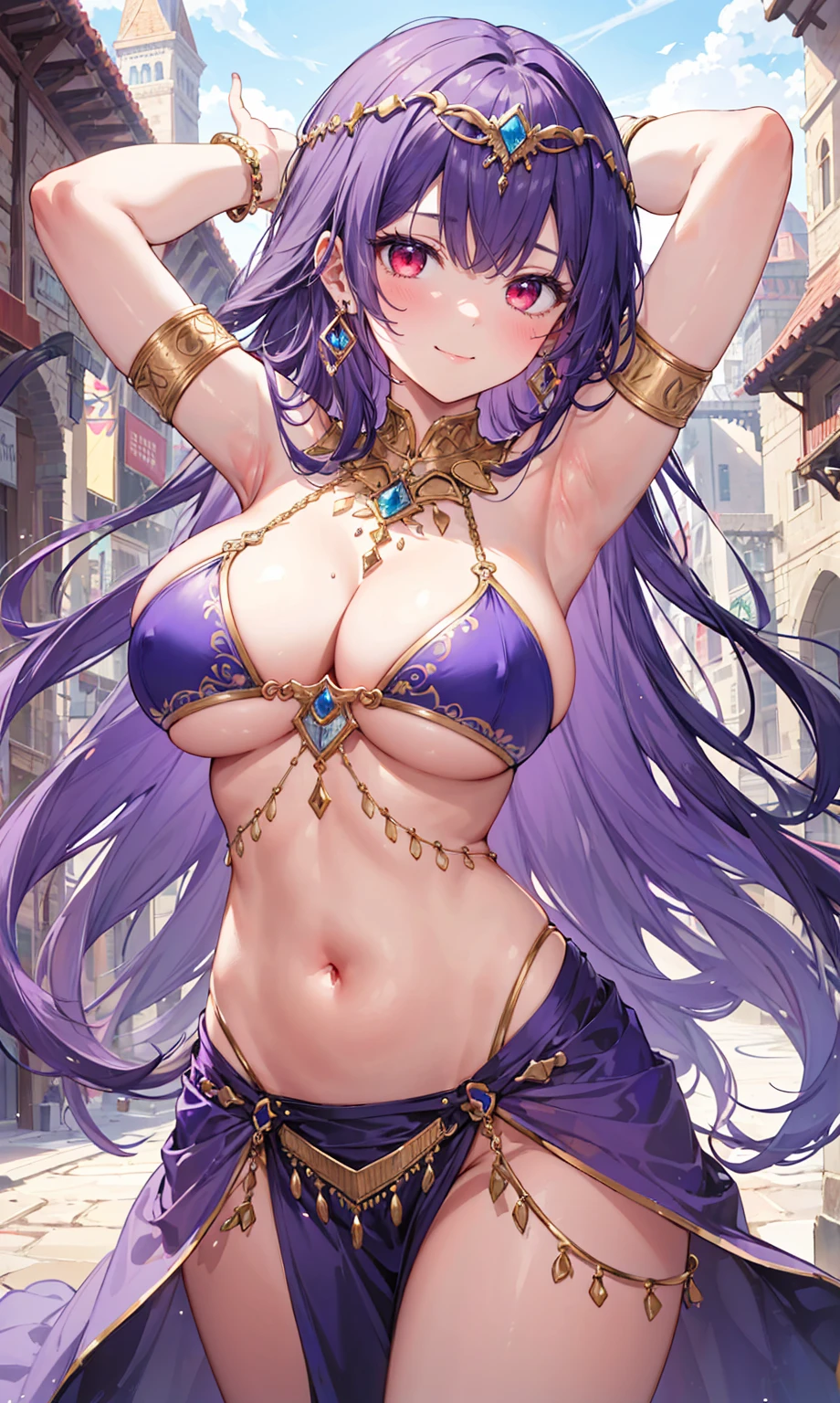 high quality, ultra detailed, best quality, insanely detailed, beautiful, masterpiece, 1girl, medieval plaza, cowboy shot, red eyes, long hair, purple hair, belly dancer, circlet, earrings, armlets, bracelets, bashful smile, large breasts, cleavage, soft stomach