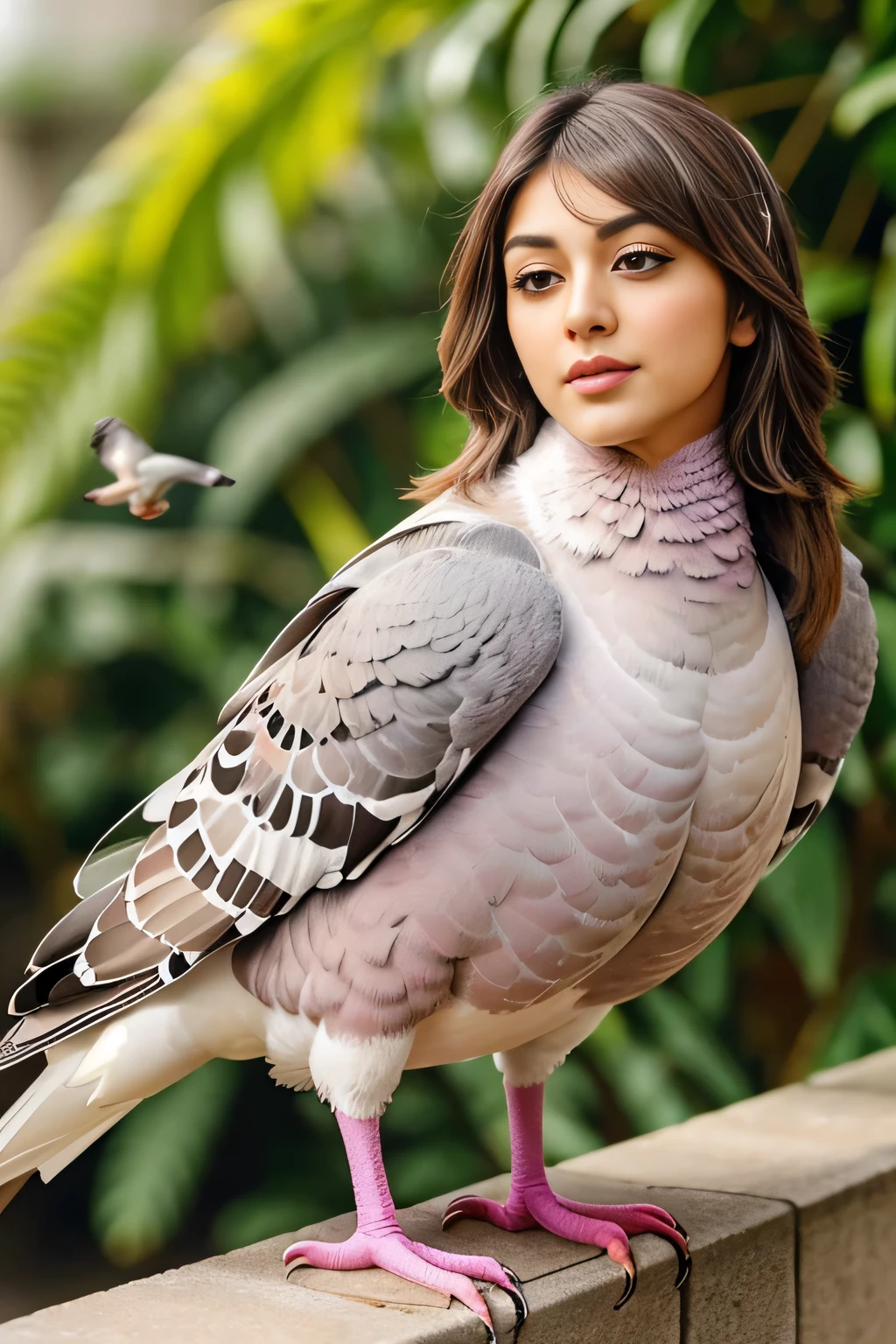 Hansika Motwani is a pigeon bird, She is a bird but her head looks like girl, from neck to full body looks like pigeon bird. Pigeon legs, pigeon wings. Bird body, pigeon body, perfect picture, perfect bird, real bird, Real head replace with real pigeon head. Exact Bird .
