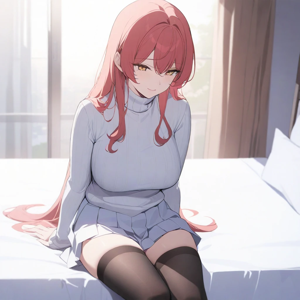 masterpiece, best quality, high quality, beautiful anime character, solo, anime girl with red hair, soft hair, long hair, yellow eyes, slightly big breasts, mature female, tall female, big girl, thick, (calming face, light smile, loving eyes), indoors, (turtleneck sweater, pleated skirt), long sleeves, thighhighs, sitting in bed, full body,