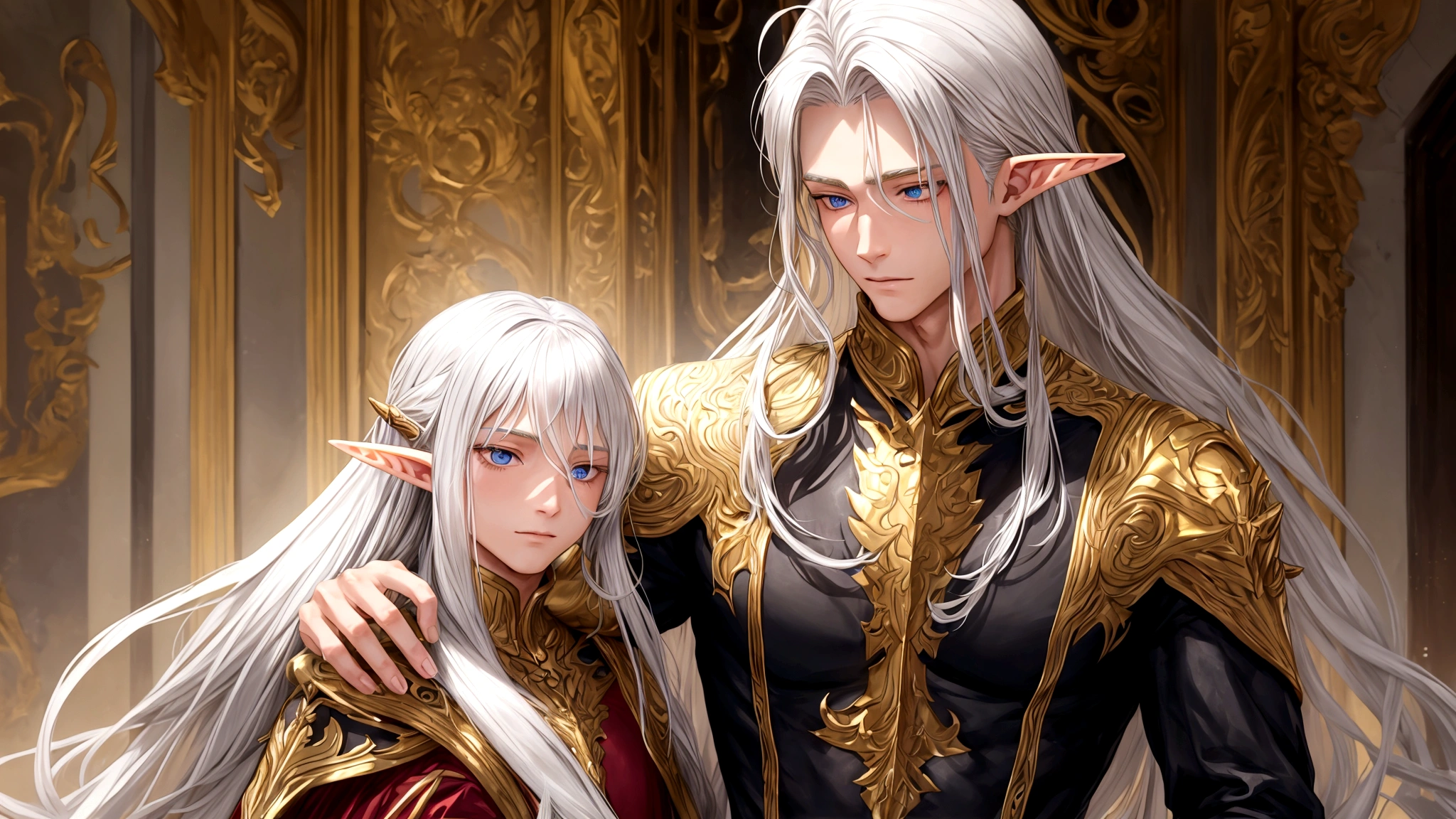 guy with golden hair, elf girl with silver hair and blue eyes, a guy with masculine features is in love with a girl