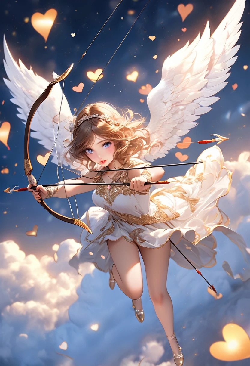 Beautiful Detailed Eyes, Beautiful Detailed Lips, Extremely Detailed Eyes and Face, Long Lips, Love Angel Cupid (Archer), angel wings, bow, arrows, (holding a bow and shooting arrows): 1.2 from above the clouds, heart-shaped arrowhead: 1.2, hearts flying, 1 girl, full-body view, digital painting, oil painting, fantasy, romantic, cinematic lighting, warm color palette, dramatic lighting, intricate details, dreamlike, detailed, photorealistic, (highest quality, 16k, highres, masterpiece: 1.2), ultra-detailed, (realistic, photorealistic, photo-realistic: 1.37), HDR, UHD, studio lighting, ultra-fine painting, sharp focus, physically-based rendering, extreme detail description, Professional, vivid colors, bokeh