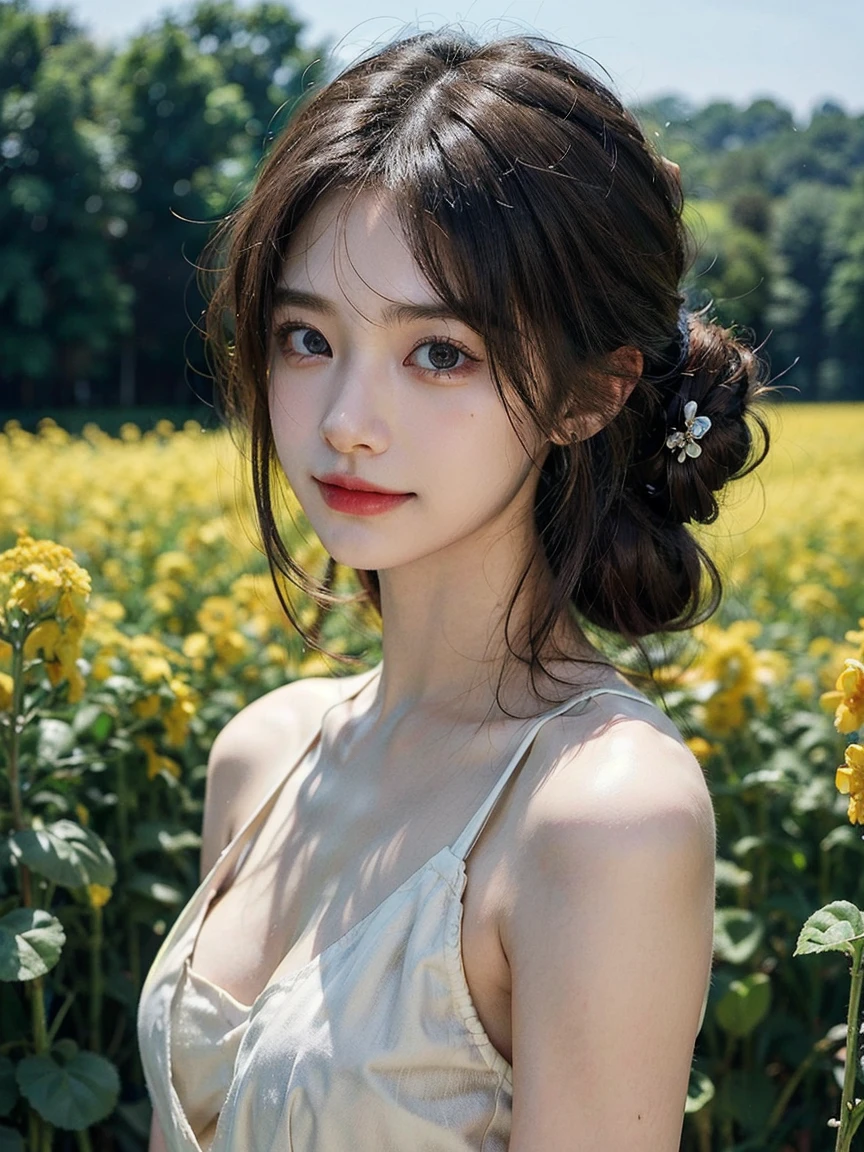 1girl, (looking at viewer:1.2), detail face, (a girl standing, rending on cgsociety, seed field backdrop), romanticism, atmospheric, (RAW photo, best quality), (realistic, photo-realistic:1.3), masterpiece, an extremely delicate and beautiful, extremely detailed, D cup，Cleanslucent brown tube top1.5）Hair in a bun，Small and delicate earrings，Exquisite eye details，Charming smile 1.5