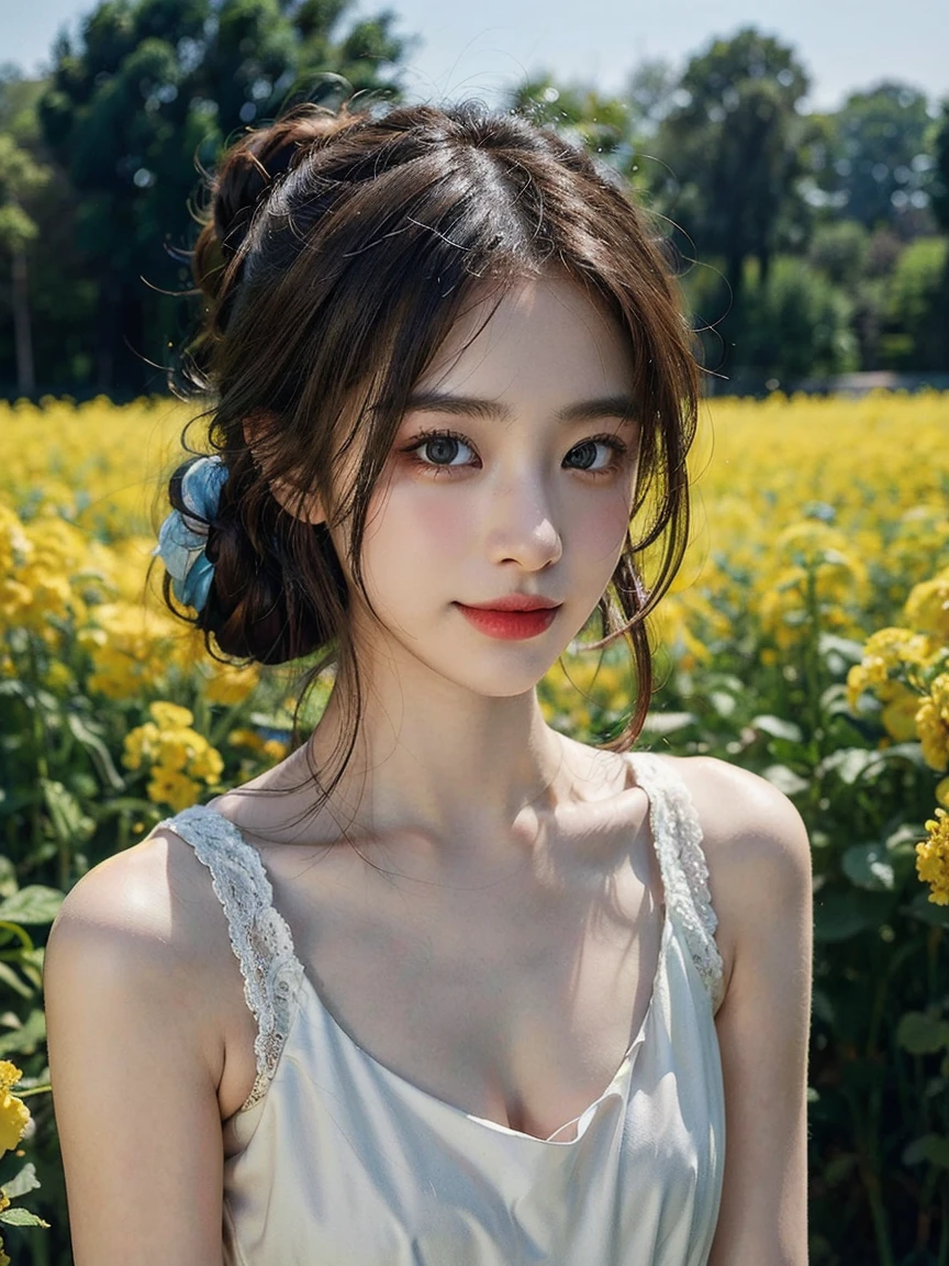 1girl, (looking at viewer:1.2), detail face, (a girl standing, rending on cgsociety, Rapeseed field backdrop), romanticism, atmospheric, (RAW photo, best quality), (realistic, photo-realistic:1.3), masterpiece, an extremely delicate and beautiful, extremely detailed, D cup，Cleavage，Translucent brown tube top1.5）Hair in a bun，Small and delicate earrings，Exquisite eye details，Charming smile 1.5