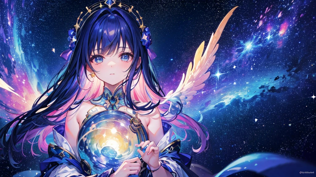 High detail, Super detailed, Ultra-high resolution, A girl having a good time in a dream galaxy, Surrounded by stars, The warm light that shines on her, The background is a starry sky with colorful galaxies and galactic clouds, The stars fly around her, Delicate face, Add a playful touch , 