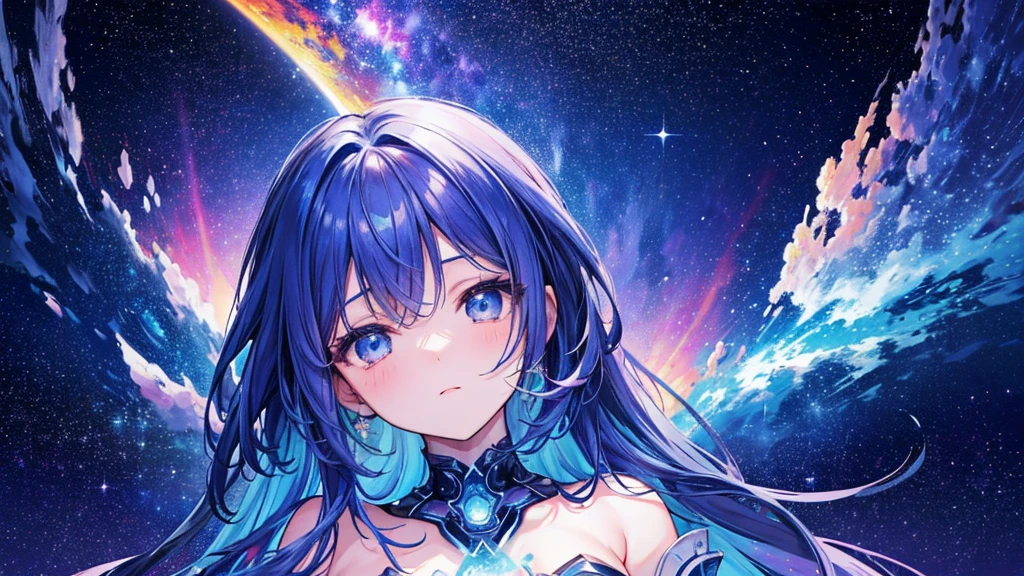 High detail, Super detailed, Ultra-high resolution, A girl having a good time in a dream galaxy, Surrounded by stars, The warm light that shines on her, The background is a starry sky with colorful galaxies and galactic clouds, The stars fly around her, Delicate face, Add a playful touch ,