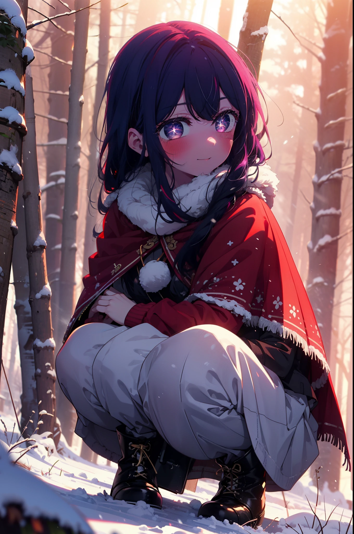 aihoshino, Ai Hoshino, Long Hair, bangs, (Purple eyes:1.1), Purple Hair, (Symbol-shaped pupil:1.5), smile,,smile,blush,White Breath,
Open your mouth,snow,Ground bonfire, Outdoor, boots, snowing, From the side, wood, suitcase, Cape, Blurred, , forest, White handbag, nature,  Squat, Mouth closed, Cape, winter, Written boundary depth, Black shoes, red Cape break looking at viewer, Upper Body, whole body, break Outdoor, forest, nature, break (masterpiece:1.2), Highest quality, High resolution, unity 8k wallpaper, (shape:0.8), (Beautiful and beautiful eyes:1.6), Highly detailed face, Perfect lighting, Highly detailed CG, (Perfect hands, Perfect Anatomy),