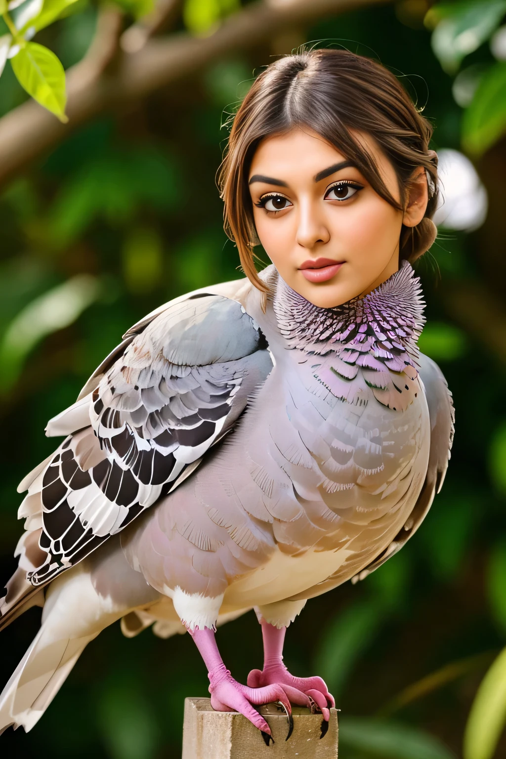 Hansika Motwani is a pigeon bird, She is a bird but her head looks like girl, from neck to full body looks like pigeon bird. Pigeon legs, pigeon wings. Bird body, pigeon body, perfect picture, perfect bird, real bird, Real head replace with real pigeon head. Exact Bird .