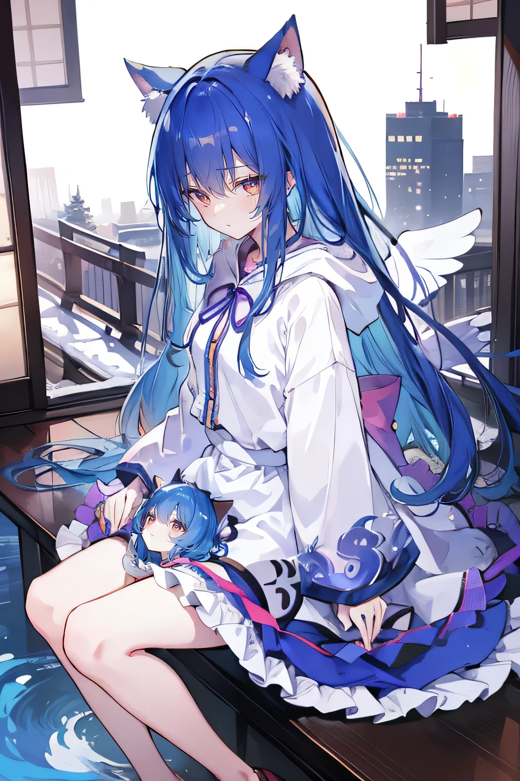 (masterpiece:1.2),Super detailed,lifelike,Expressive eyes,fair skin,perfect face shape,1 girl,
Japanese comics,Gorgeous blue hair,flowing blue hair,flowing clothes,Cat ears,Petals fall,beautiful lola,Baby Angel,
Shaking head with one hand,Cross your legs,Gentle and peaceful background,The pavilion is cool and comfortable,smile, wearing hoodie, background of tokyo,back views,snowing, winter,Angel Wings。