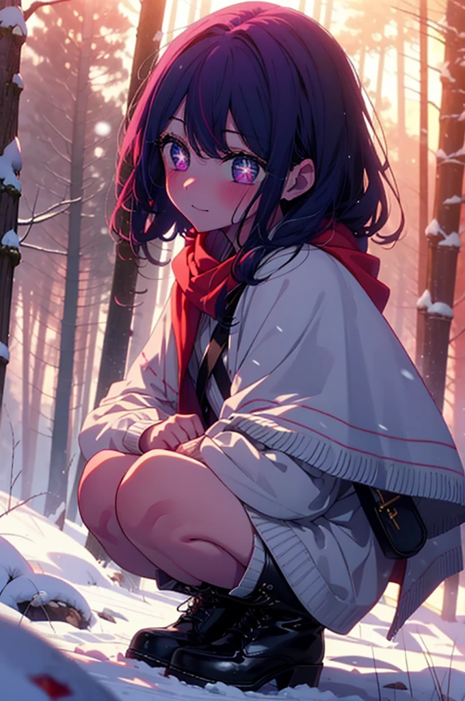 aihoshino, Ai Hoshino, Long Hair, bangs, (Purple eyes:1.1), Purple Hair, (Symbol-shaped pupil:1.5), smile,,smile,blush,White Breath,
Open your mouth,snow,Ground bonfire, Outdoor, boots, snowing, From the side, wood, suitcase, Cape, Blurred, , forest, White handbag, nature,  Squat, Mouth closed, Cape, winter, Written boundary depth, Black shoes, red Cape break looking at viewer, Upper Body, whole body, break Outdoor, forest, nature, break (masterpiece:1.2), Highest quality, High resolution, unity 8k wallpaper, (shape:0.8), (Beautiful and beautiful eyes:1.6), Highly detailed face, Perfect lighting, Highly detailed CG, (Perfect hands, Perfect Anatomy),