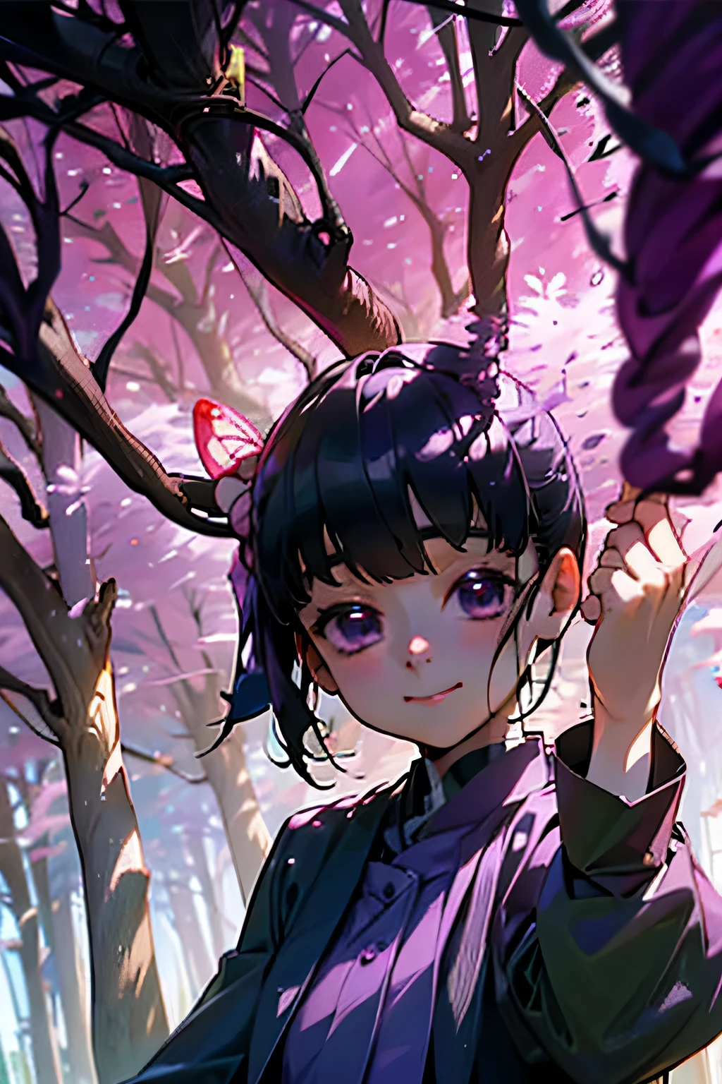 potrait of Kanao in the middle of a purple glowing tree forest, Kanao is looking into the camera and smiling with her beautiful grace