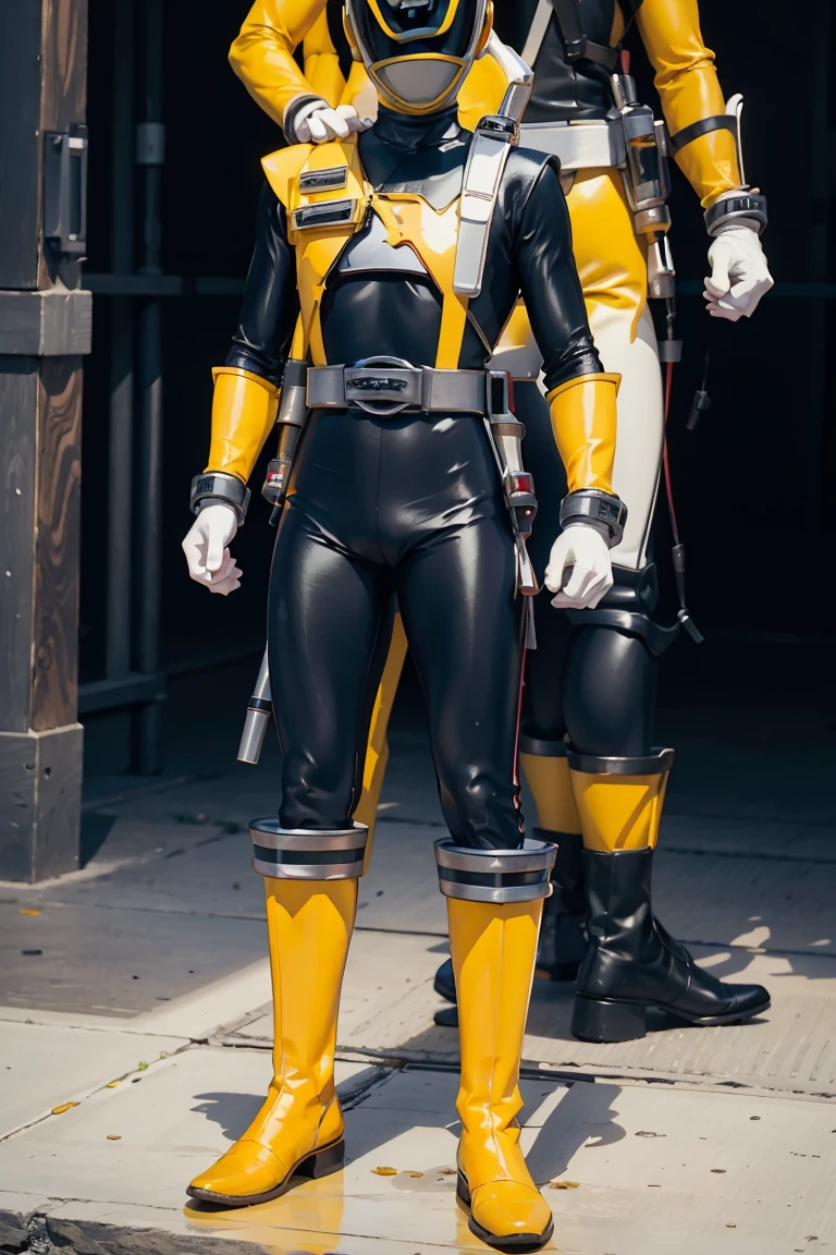 1boy, white, full body, Illustration, cinematic light, high resolution, best quality, ultra detailed, masterpiece, power suit, powerranger, suit, spd, (yellow ranger suit)),