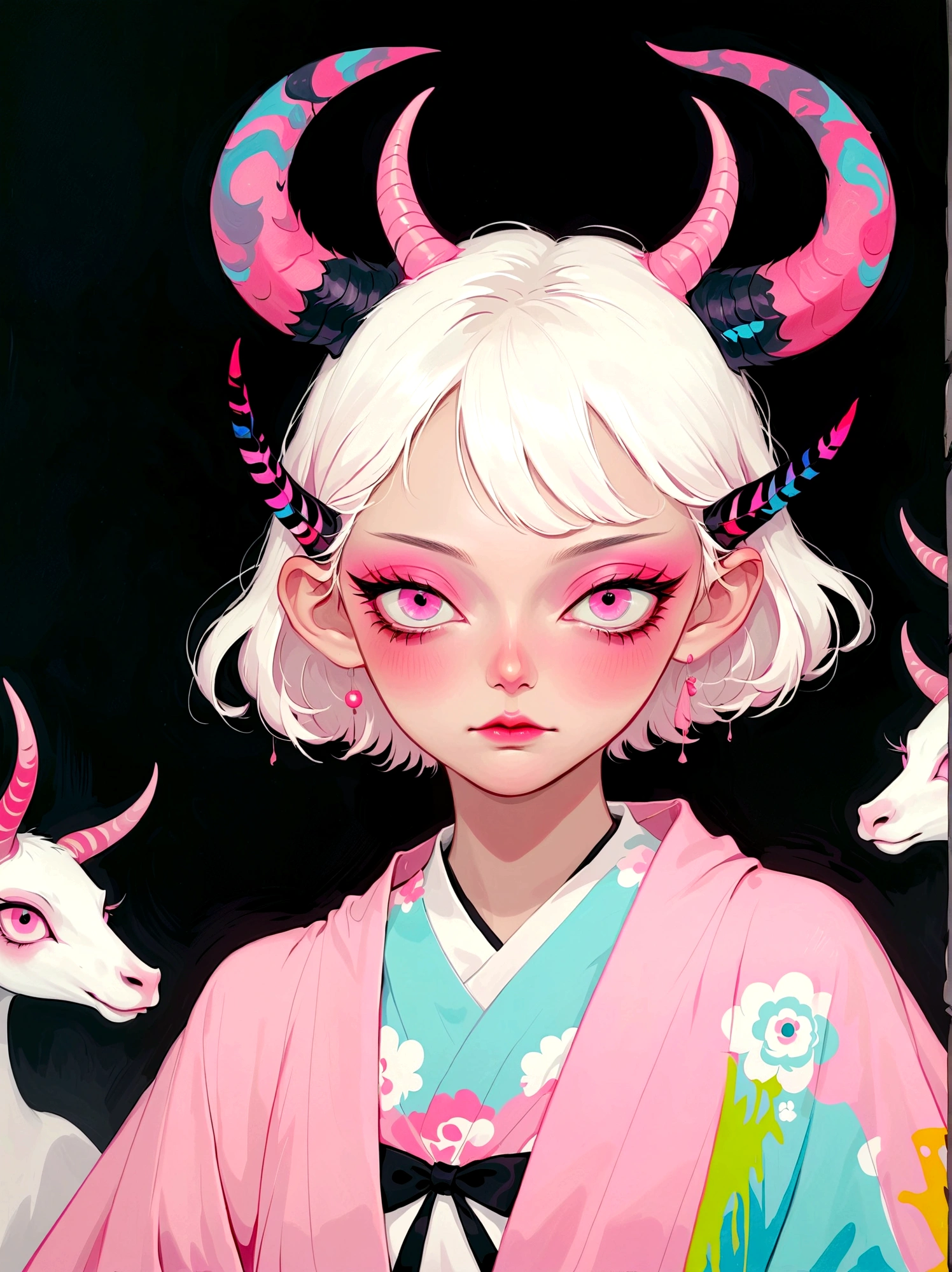 Girl with pink horns on her head，Pink eyes，Phosphor，Neat short hair，Japanese horror style Japanese pop surrealism, author：Yukika Kosaka, Nguyen Gia and Joao Nguyen, 
