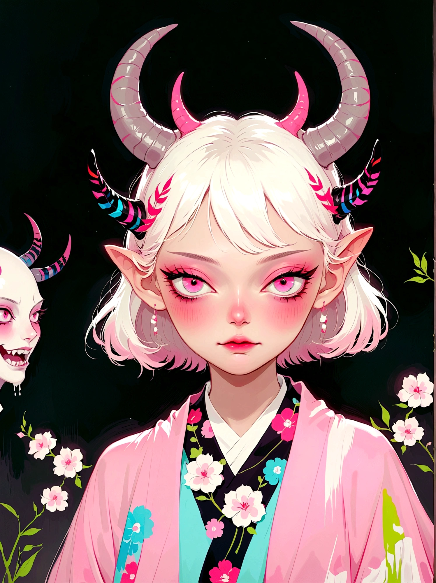 Girl with pink horns on her head，Pink eyes，Phosphor，Neat short hair，Japanese horror style Japanese pop surrealism, author：Yukika Kosaka, Nguyen Gia and Joao Nguyen, 
