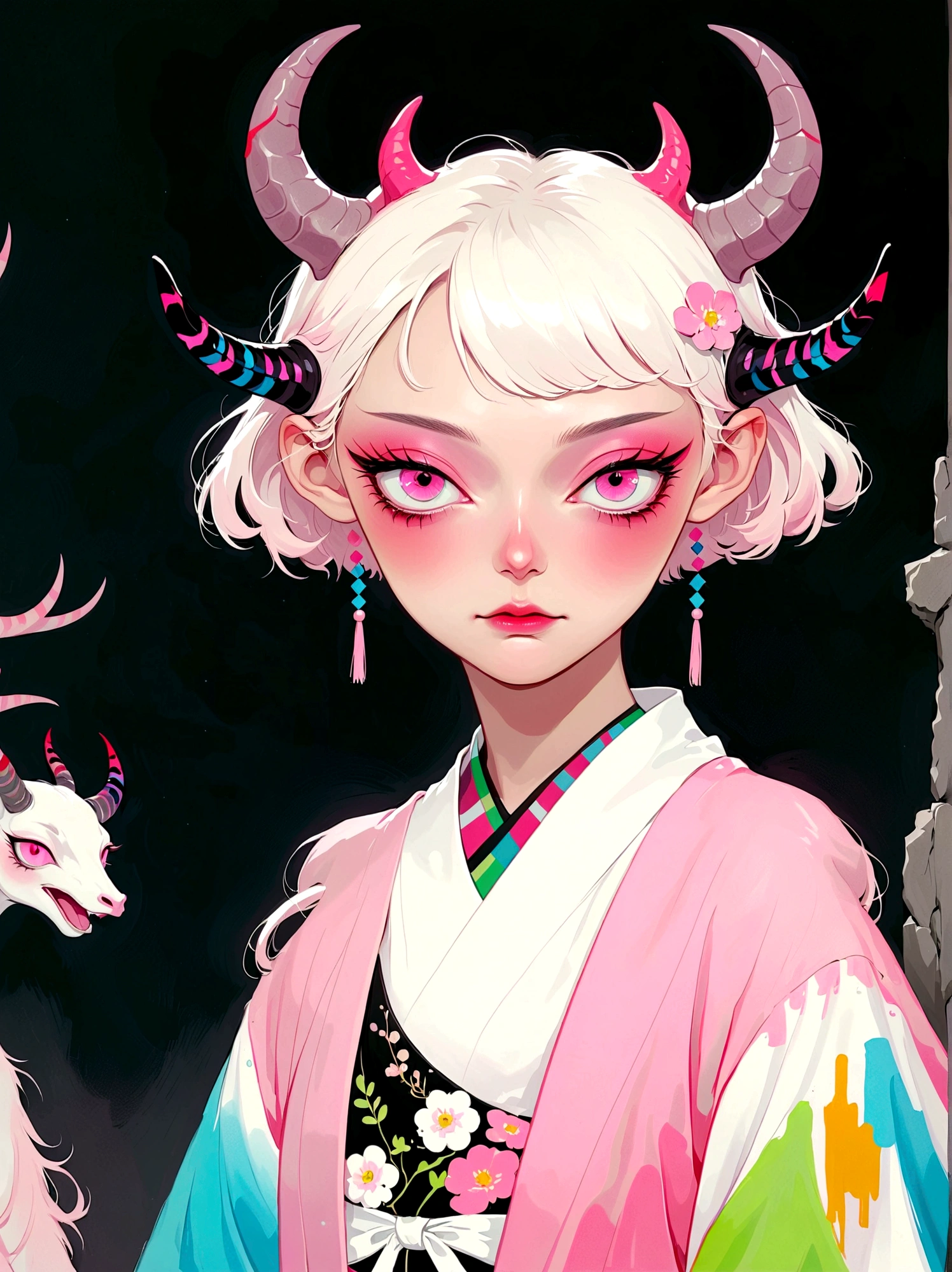 Girl with pink horns on her head，Pink eyes，Phosphor，Neat short hair，Japanese horror style Japanese pop surrealism, author：Yukika Kosaka, Nguyen Gia and Joao Nguyen, 
