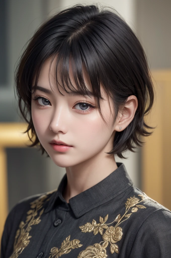 Highest quality、masterpiece、超High resolution、(Realistic:1.3)、RAW Photos、(One girl), Beautiful Face, (Realistic Face), (Black Hair、short hair:1.3), Beautiful Hairstyles, Realistic eyes, Beautiful fine details, (Realistic Skin), Beautiful Skin, (shirt), Confused, charm, 超High resolution, Ultra-realistic, High resolution, Golden Ratio、Mr.々Background