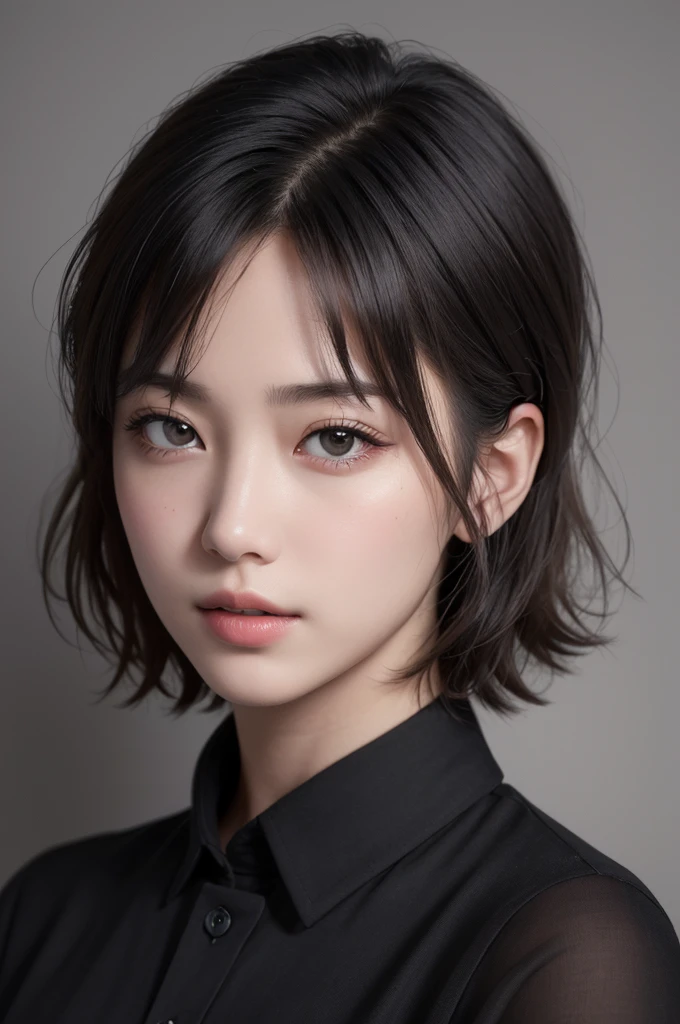Highest quality、masterpiece、超High resolution、(Realistic:1.3)、RAW Photos、(One girl), Beautiful Face, (Realistic Face), (Black Hair、short hair:1.3), Beautiful Hairstyles, Realistic eyes, Beautiful fine details, (Realistic Skin), Beautiful Skin, (shirt), Confused, charm, 超High resolution, Ultra-realistic, High resolution, Golden Ratio、Mr.々Background